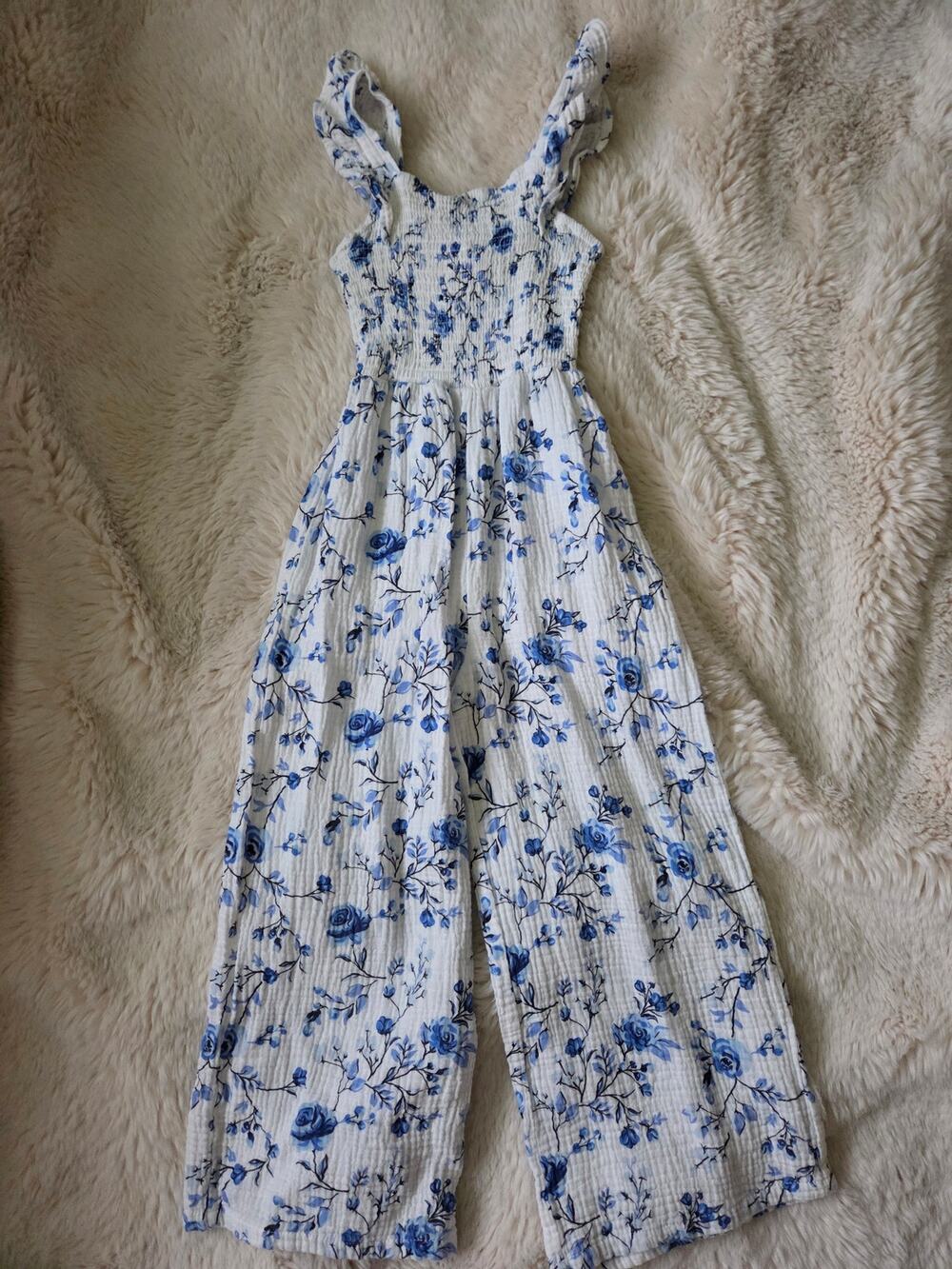 Blue White Antique Floral Print Smocked Gauze Cottage Jumpsuit Romper